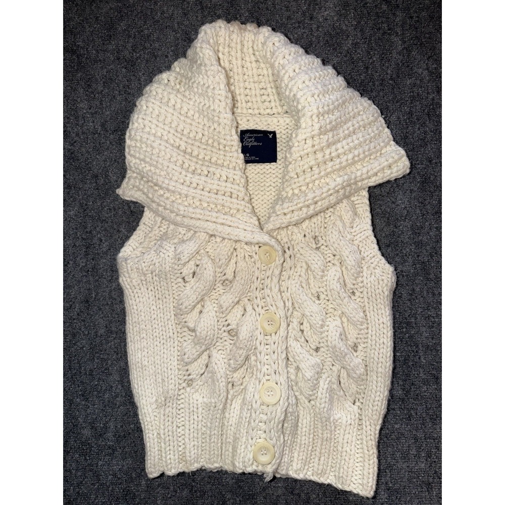 American Eagle Chunky Cable Knit Sweater Vest Shawl Collar Cottagecore L